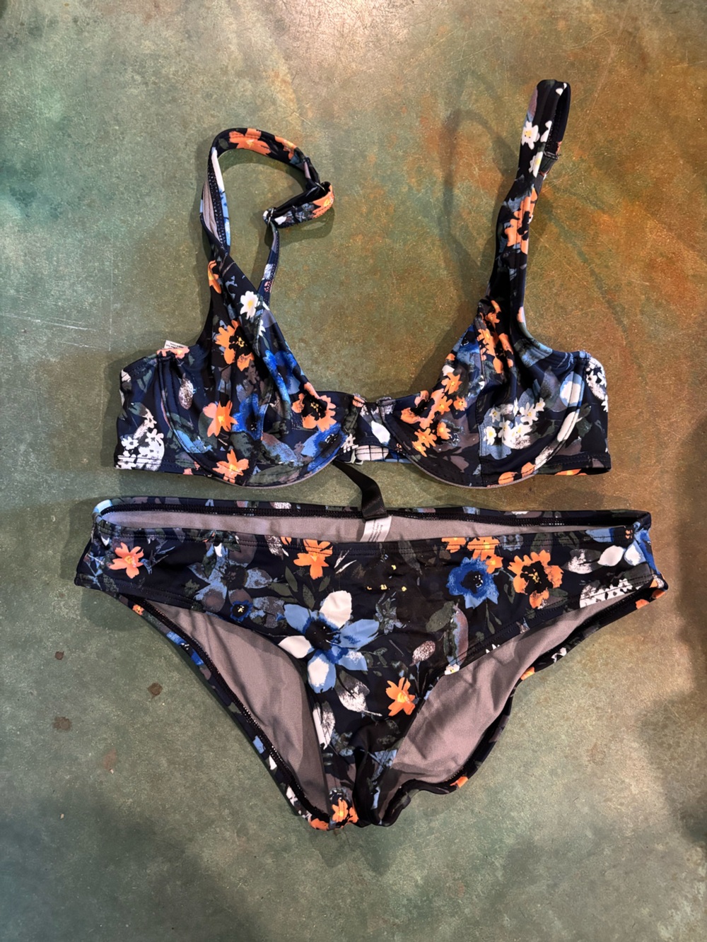 Floral Two-Piece Bikini Set in Navy with Blue & Orange Flowers